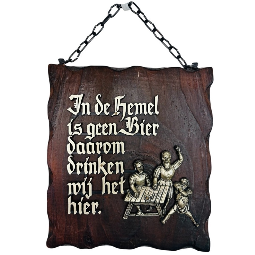 Wooden Wall Plaque with Dutch Inscription & Carved Figures